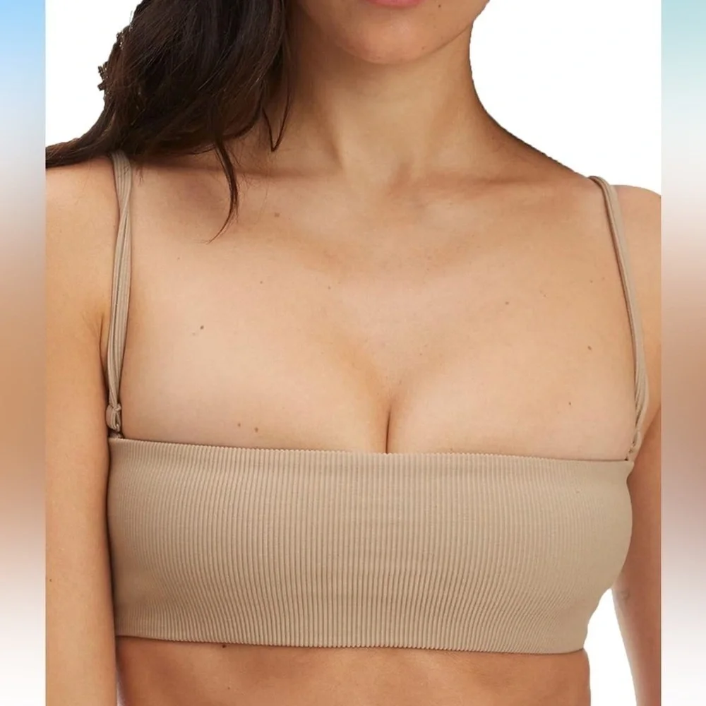 New Good American Women's Rib Bandeau Better Band Bikini Top in Latte